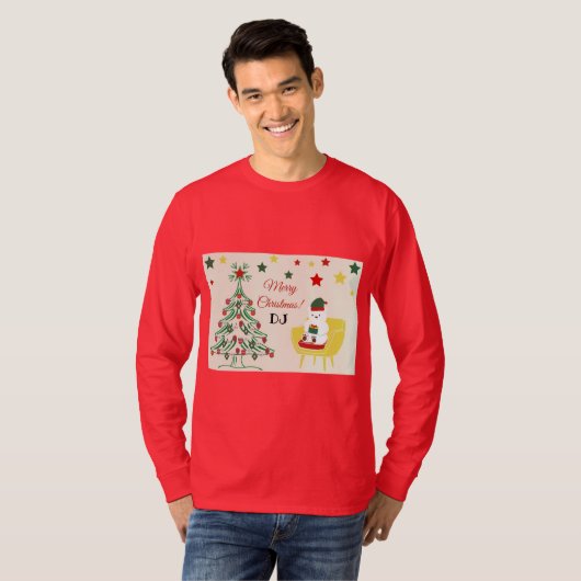 Modern Rood Schattige Beer Monogram Vrolijk Kerst T-shirt (Voorkant volledig)