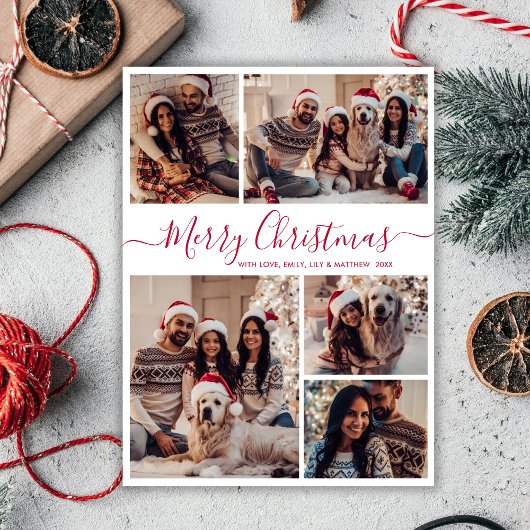Modern Rood Script 5 Fotocollage Kerstmis Briefkaart