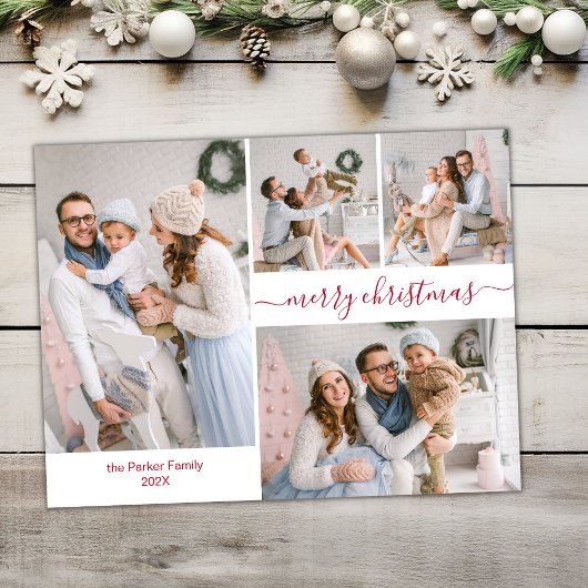 Modern rood script 5 meerdere kerstfoto briefkaart