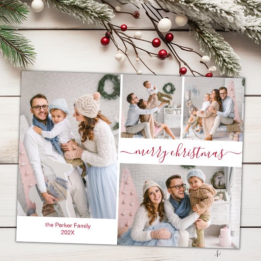 Modern rood script 5 meerdere kerstfoto briefkaart