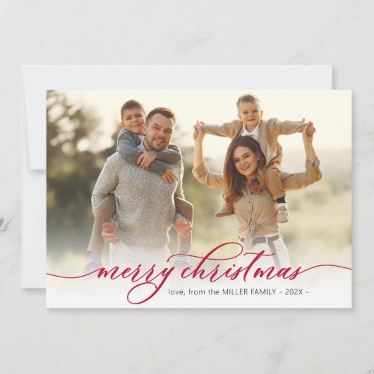 Modern rood script botanische foto kerst feestdagenkaart (Voorkant)