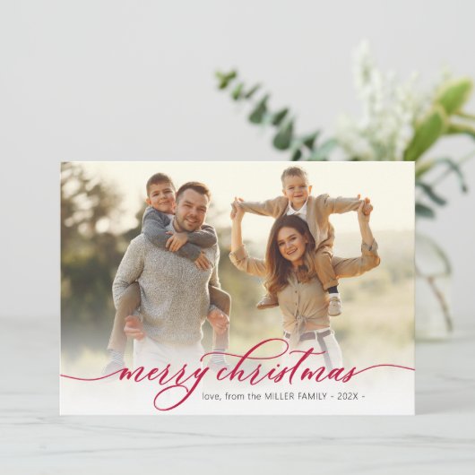 Modern rood script botanische foto kerst feestdagenkaart (Staand voorkant)