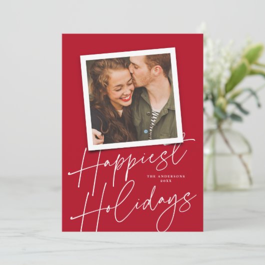 Modern rood script is het gelukkigste Vakantie fot Feestdagenkaart (Staand voorkant)