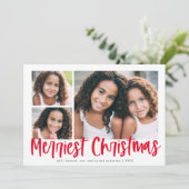 Modern rood script Merriest Christmas 3 foto Feestdagenkaart (Staand voorkant)
