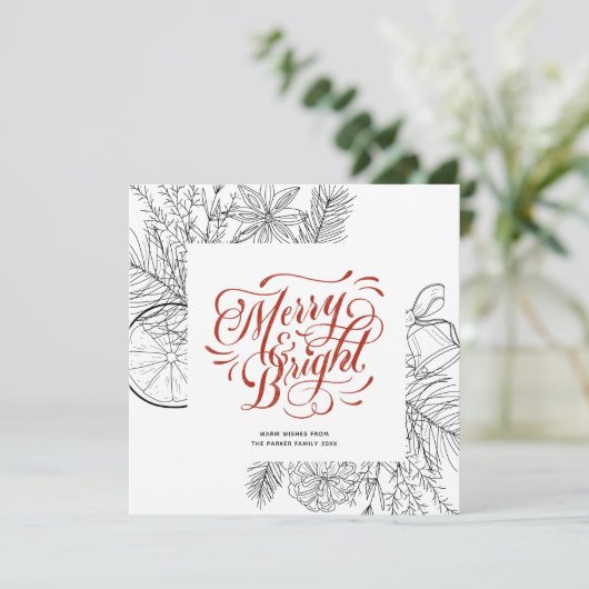 Modern rood script pine Bough Minimalist Floral Feestdagenkaart (Staand voorkant)