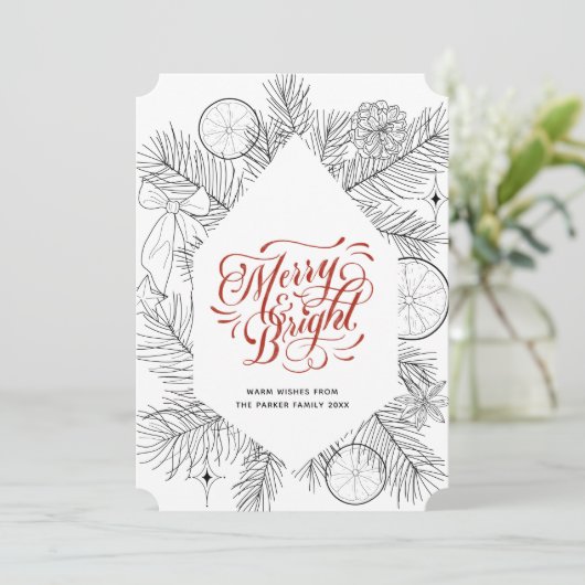 Modern rood script pine Bough Minimalist Floral Feestdagenkaart (Staand voorkant)