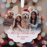 Modern Rood Script Wit 2 Foto Kerstmis Ornament Kaart<br><div class="desc">Modern Schattige minimalistisch rood script 2 foto vrolijk kerstscript vakantie Ornament Kaart. Deze feestelijke, eenvoudige minimalistische, grillige twee foto vakantie wenskaart sjabloon is voorzien van familienaam, jaar en een "Merry Christmas" begroetingstekst die is geschreven in een handgeschreven swirly swash-tail lettertype rode kalligrafie script foto overlay op witte verloop. wenskaart voor...</div>