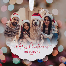 Modern Rood Script Wit 2 Foto Kerstmis Ornament Kaart