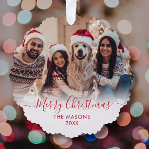 Modern Rood Script Wit 2 Foto Kerstmis Ornament Kaart