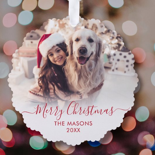 Modern Rood Script Wit 2 Foto Kerstmis Ornament Kaart