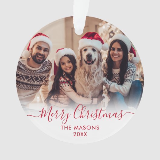 Modern Rood Script Wit 2 Foto Vrolijk Kerstfeest Ornament (voorkant)