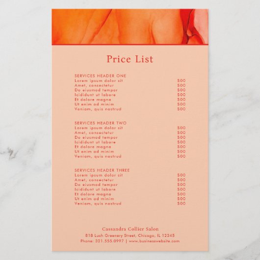 Modern rood Sinaasappel Abstract Elegant prijslijs (Voorkant)