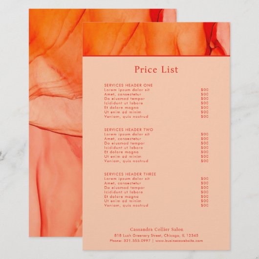 Modern rood Sinaasappel Abstract Elegant prijslijs (Voorkant / Achterkant)