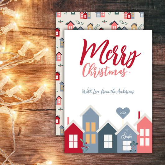 Modern Rood Stoffig Blauw Santa Village Vrolijk Ke Feestdagenkaart