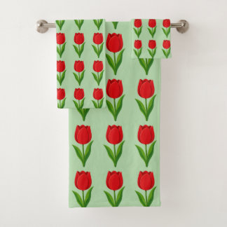 Modern Rood Tulp Bloemmotief op Lichtgroen Bad Handdoek