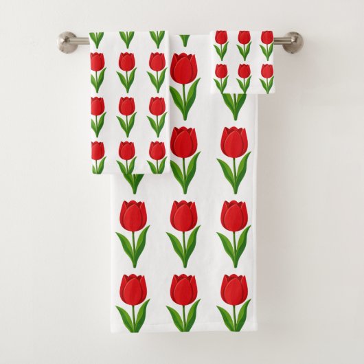 Modern Rood Tulp Bloemmotief op Wit Bad Handdoek (Insitu)