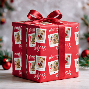 Modern Rood Vrolijk Kerstfeest 2 Hond Foto Cadeaupapier