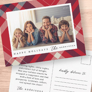 Modern rood wit blauw geruite kerst familie foto briefkaart