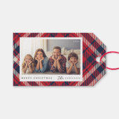 Modern rood wit blauw geruite kerst familie foto cadeaulabel (Voorkant (Horizontaal))