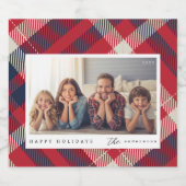 Modern rood wit blauw geruite kerst familie foto likeurfles etiket (Enkel label)