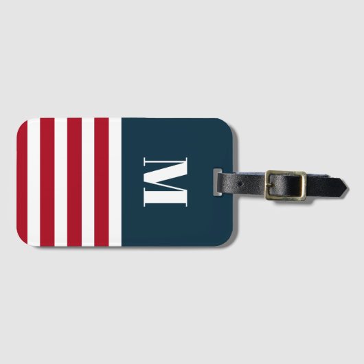 Modern rood wit blauw strepen vet monogram bagagelabel (Voorkant (horizontaal))