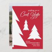 Modern Rood Wit Koel Yule Script Bomen Foto Feestdagenkaart (Voorkant / Achterkant)