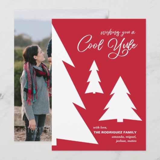 Modern Rood Wit Koel Yule Script Bomen Foto Feestdagenkaart (Voorkant / Achterkant)