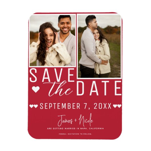 Modern Rood & Wit Save the Date 2 Foto Bruiloft Magneet (Verticaal)