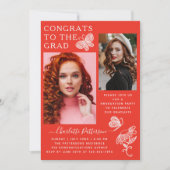 Modern rood wit vlinder foto afstudeerfeest kaart (Voorkant)