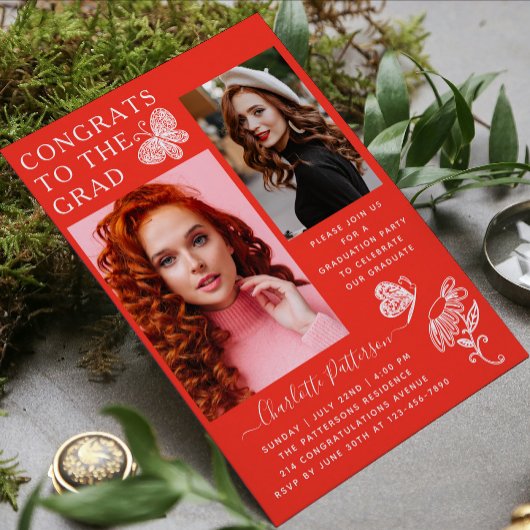 Modern rood wit vlinder foto afstudeerfeest kaart