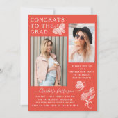 Modern rood wit vlinder foto afstudeerfeest kaart (Voorkant)