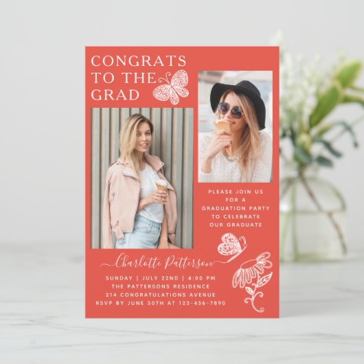 Modern rood wit vlinder foto afstudeerfeest kaart (Staand voorkant)