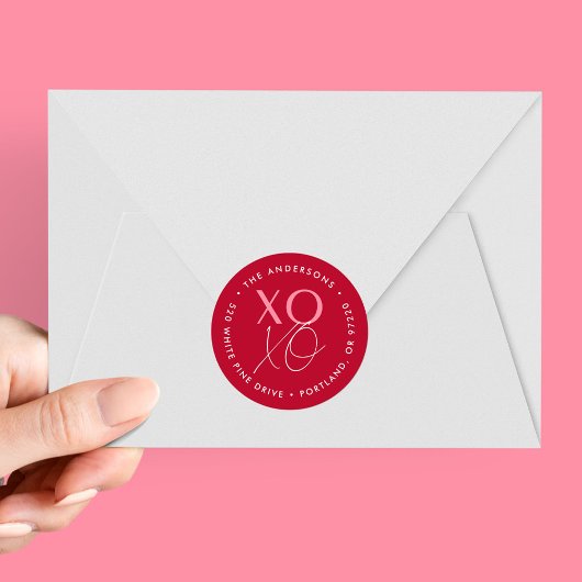 Modern Rood XOXO en Roze Adres van de Terugkeer Ronde Sticker