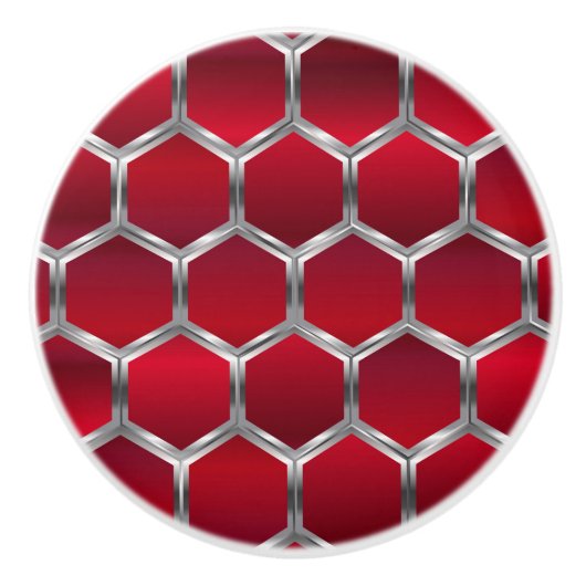 Modern rood & zilvergrijs achthoekig patroon keramische knop (Voorkant)