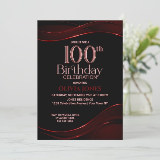 Modern rood zwart 100ste verjaardagsfeest kaart (Staand voorkant)