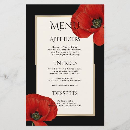 Modern Rood Zwart Bloemen 3 Cursus Bruiloft Menu (Voorkant)