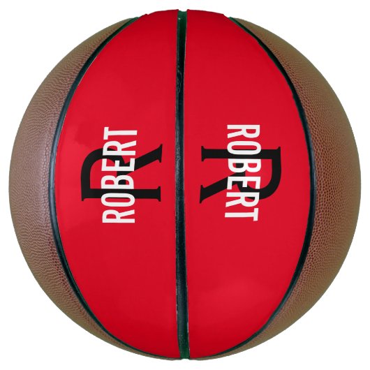 Modern rood zwart monogram naam basketbal (Verticaal)