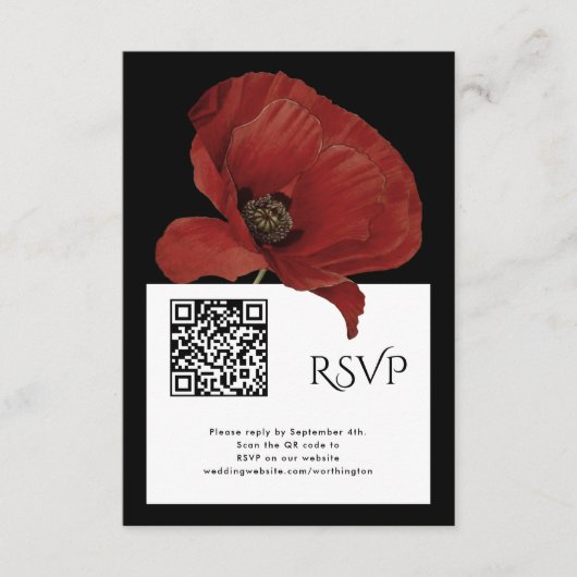 Modern Rood Zwart RSVP met QR Code Bruiloft Informatiekaartje (Voorkant)