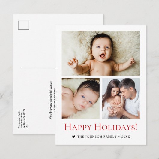 Modern Rood Zwart Wit 3-Foto Vakantie Familie Briefkaart (Voorkant / Achterkant)