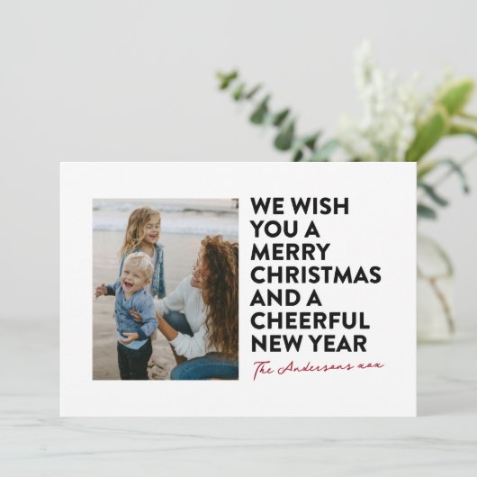 MODERN ROOD ZWART WIT VROLIJK KERSTFEEST & NIEUWJA FEESTDAGENKAART (Staand voorkant)