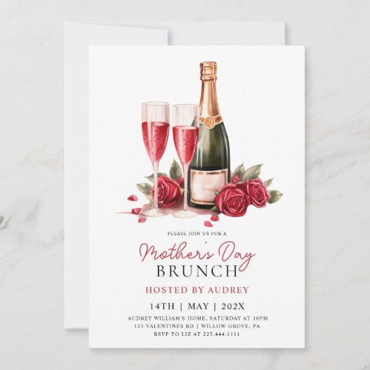 Modern Roos Champagne Moederdag Brunch Kaart (Voorkant)