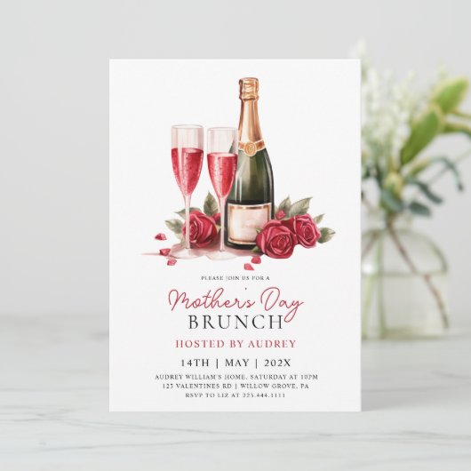 Modern Roos Champagne Moederdag Brunch Kaart (Staand voorkant)