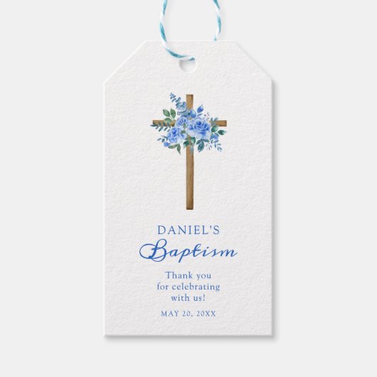 Modern Roos Dusty Blue Baptism Boy Cadeaulabel (Voorkant)