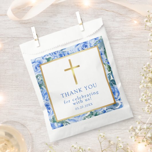 Modern Roos Dusty Blue Waterverf Baptism Boy Bedankzakje (Geknipt)