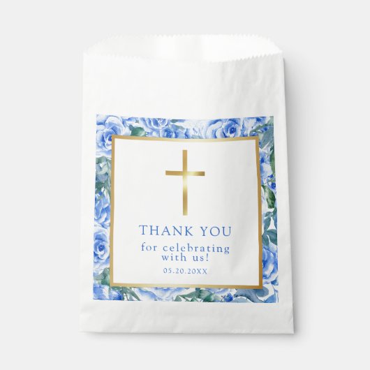 Modern Roos Dusty Blue Waterverf Baptism Boy Bedankzakje (Voorkant)