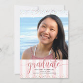 Modern roos glitter script girly foto afstuderen aankondiging (Voorkant)