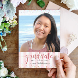 Modern roos glitter script girly foto afstuderen aankondiging