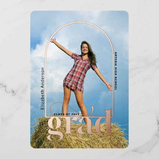 Modern Roos Gold Arch Foto Afstuderen Aankondiging (Voorkant)