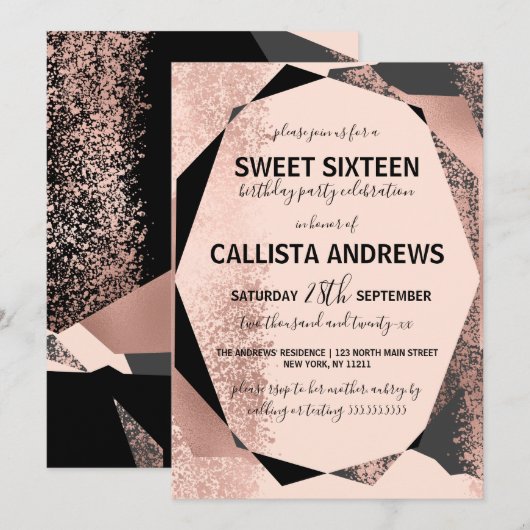 Modern Roos Gold Black Blush Geometric Sweet 16 Kaart (Voorkant / Achterkant)