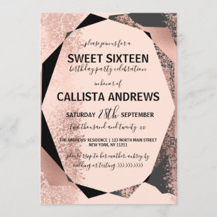 Modern Roos Gold Black Blush Geometric Sweet 16 Kaart